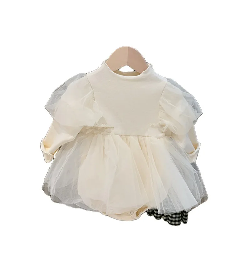 RiniKinda Spring Autumn Princess Toddler Baby Girls Knit Romper Long Sleeve O-neck Bodysuits Solid Mesh Tutu Dress For Girl