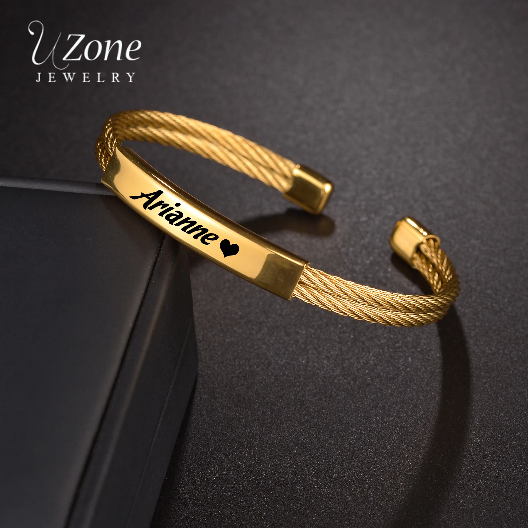 

UZone Custom Engrave Name Date Bracelets For Men Women Gold Color Stainless Steel Wire Cuff Bangles Personalized Jewelry Gift