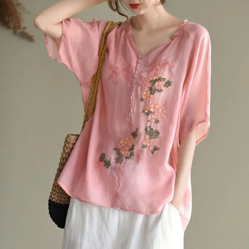 

New Chinese Embroidery Cotton Women Shirt Summer Leisure Blouse Casual Tops Clothes for Women Clothing Thin Button Up V-Neck A68