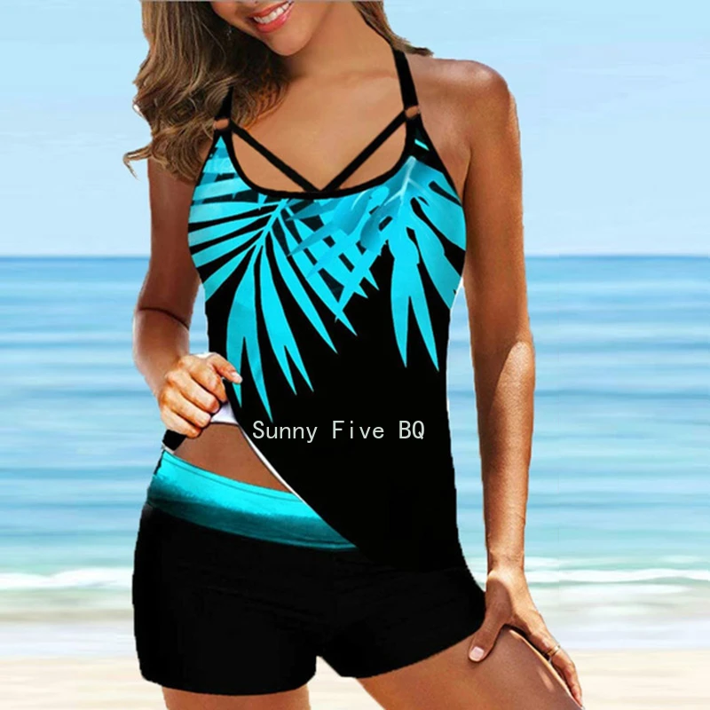 

(bq)Leaf Printed Swimsuit Women Sexy Strap Cross Backless Tankini Set Female Summer Beach 2 Pieces Swimwear Bathing Suit