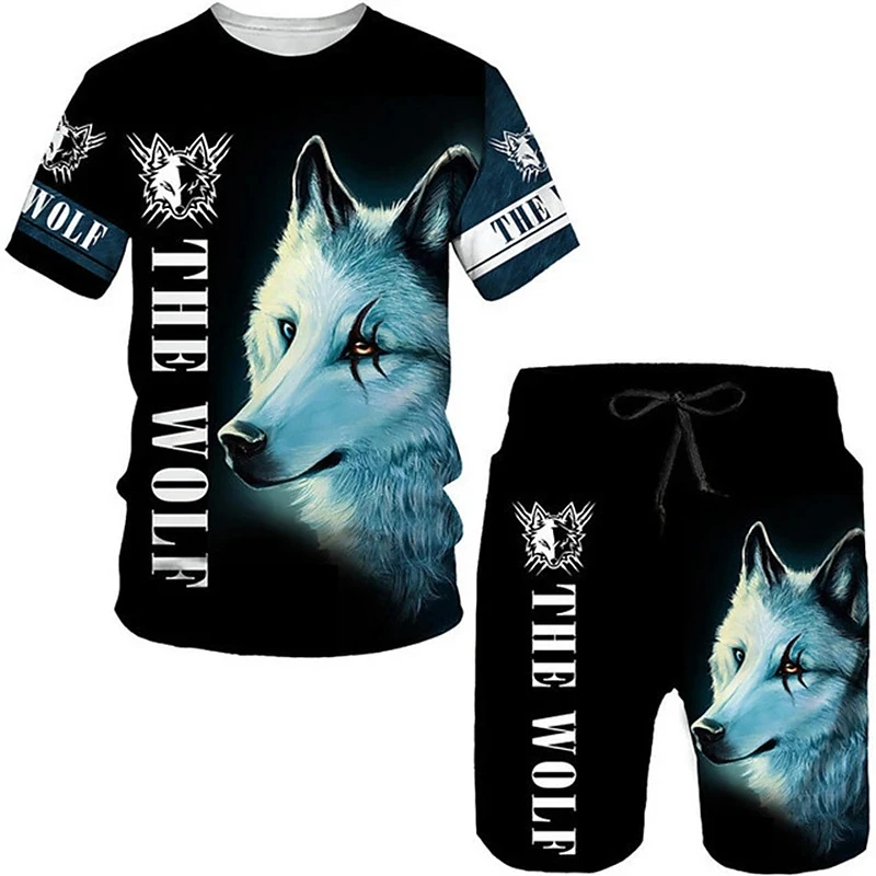 3D Printed T-shirt Suits Men Clothes Plus Size Wolf Totem Designer Graphic Round Neck Ropa Short Sleeve 2 Pieces Summer