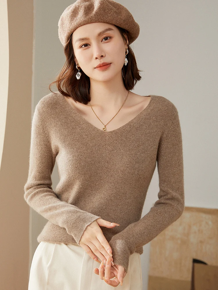 

100% кашемировый свитер, Женский пуловер с V-образным вырезом, Осень-зима 2022, новая облегающая вязаная Базовая рубашка, легкая и теплая