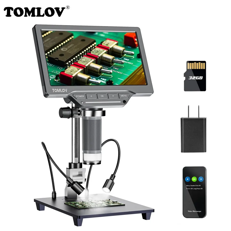 

Цифровой микроскоп TOMLOV, USB-микроскоп с 7-дюймовым большим цветным ЖК-экраном, DM201 SE, 12 Мп, 1-1200X, лупа непрерывного усиления