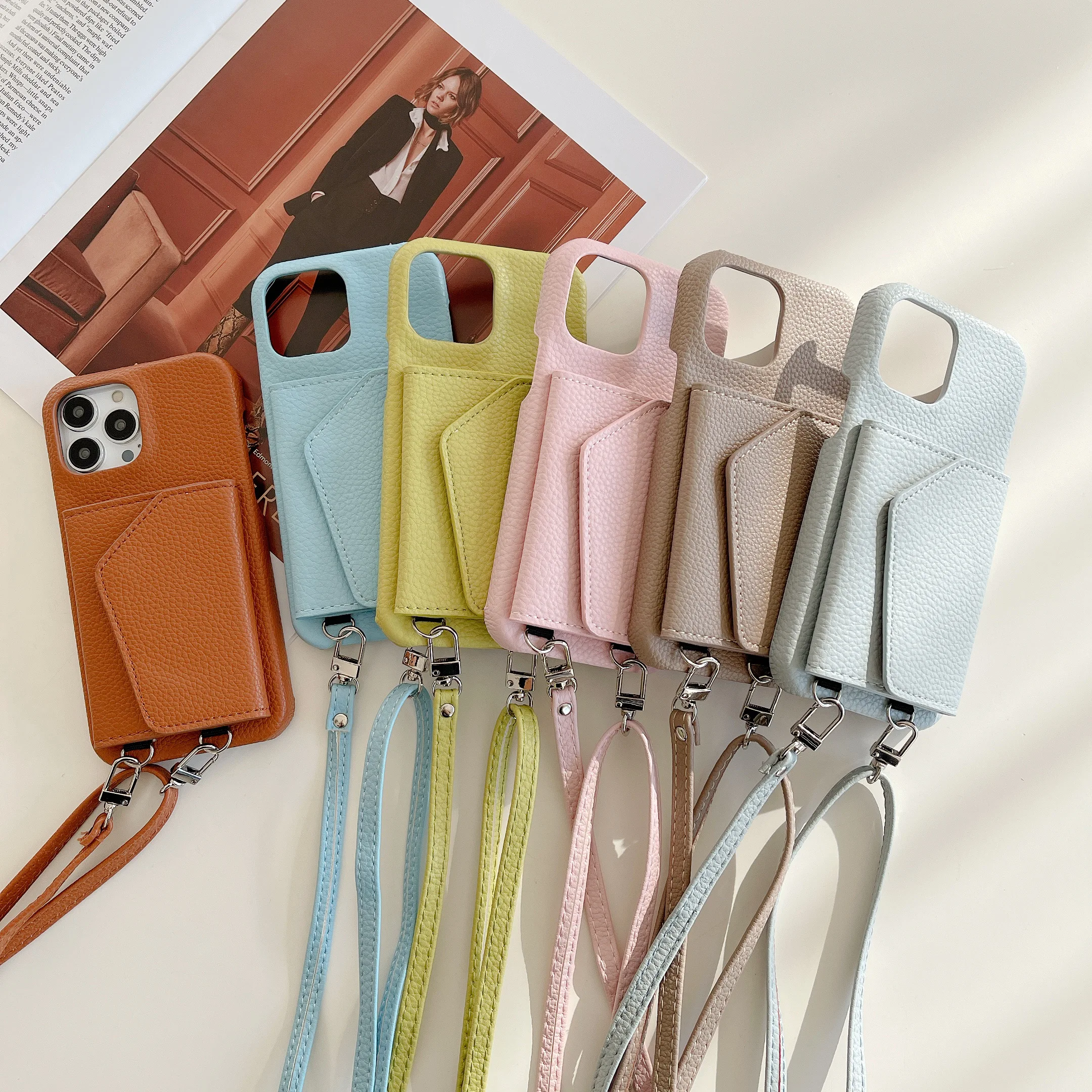 Necklace Lanyard Strap Chain Phone Case For iPhone 13 Pro Max 12 11 14 XS X XR Mini SE 7 8 Plus leather rope Cover Card packa