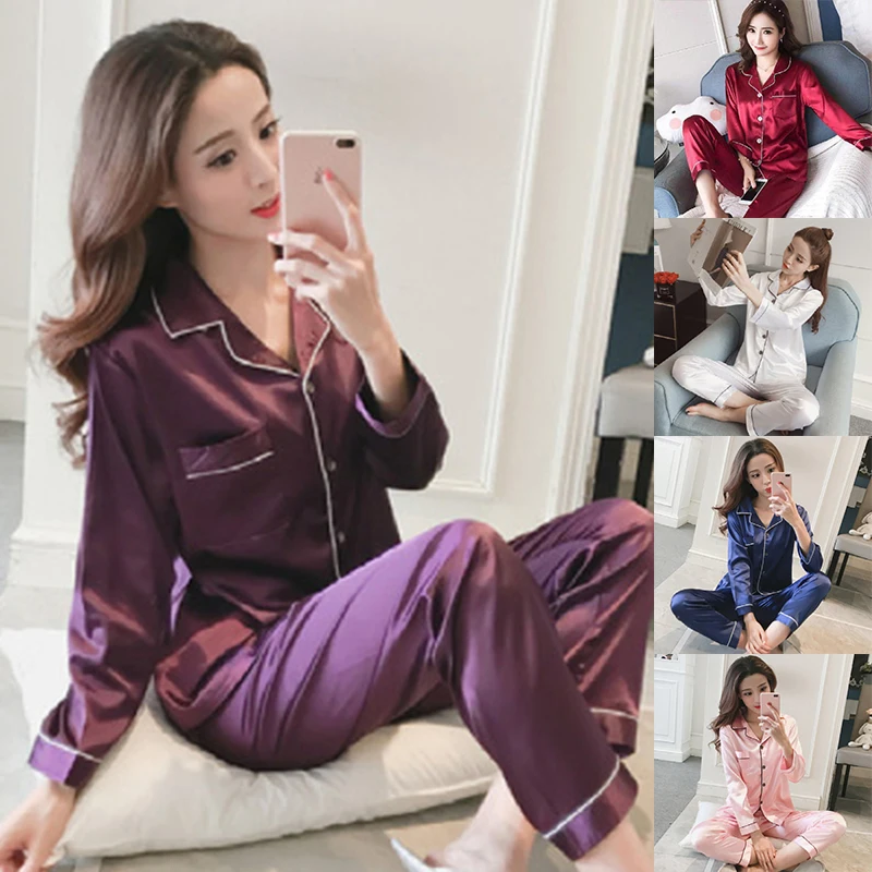 

Summer/autumn Long Sleeves Women Nightwears Soft Satin Female Sleepwears Pyjamas Set Comfortable Imitation Silk Pajamas
