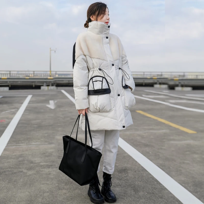 Зимняя женская куртка на 90% белом утином пуху теплая парка меховое шерстяное