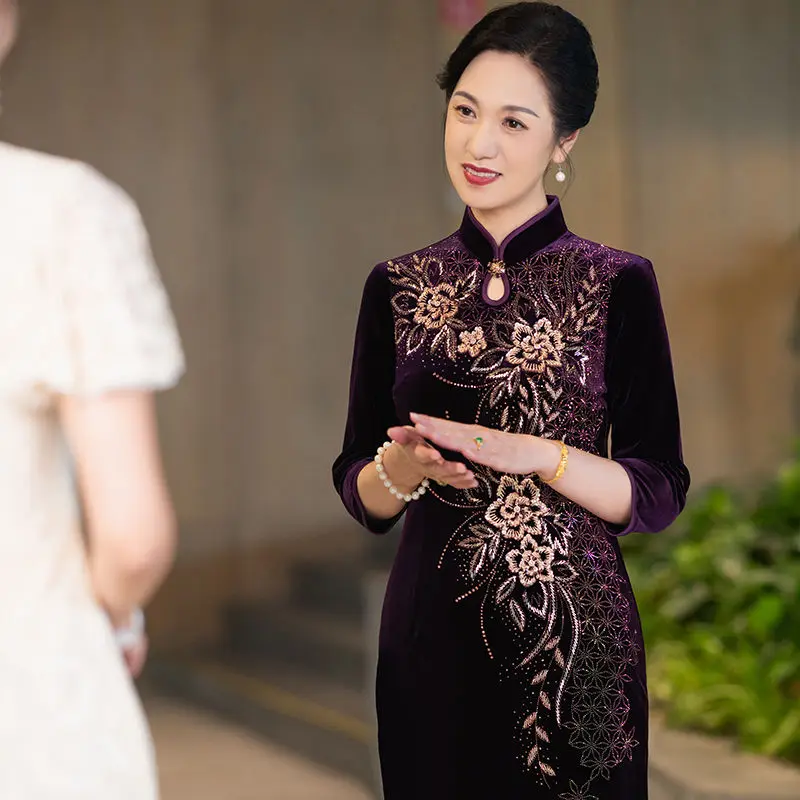 Платье-Ципао для гостей свадебной вечеринки бархатная юбка