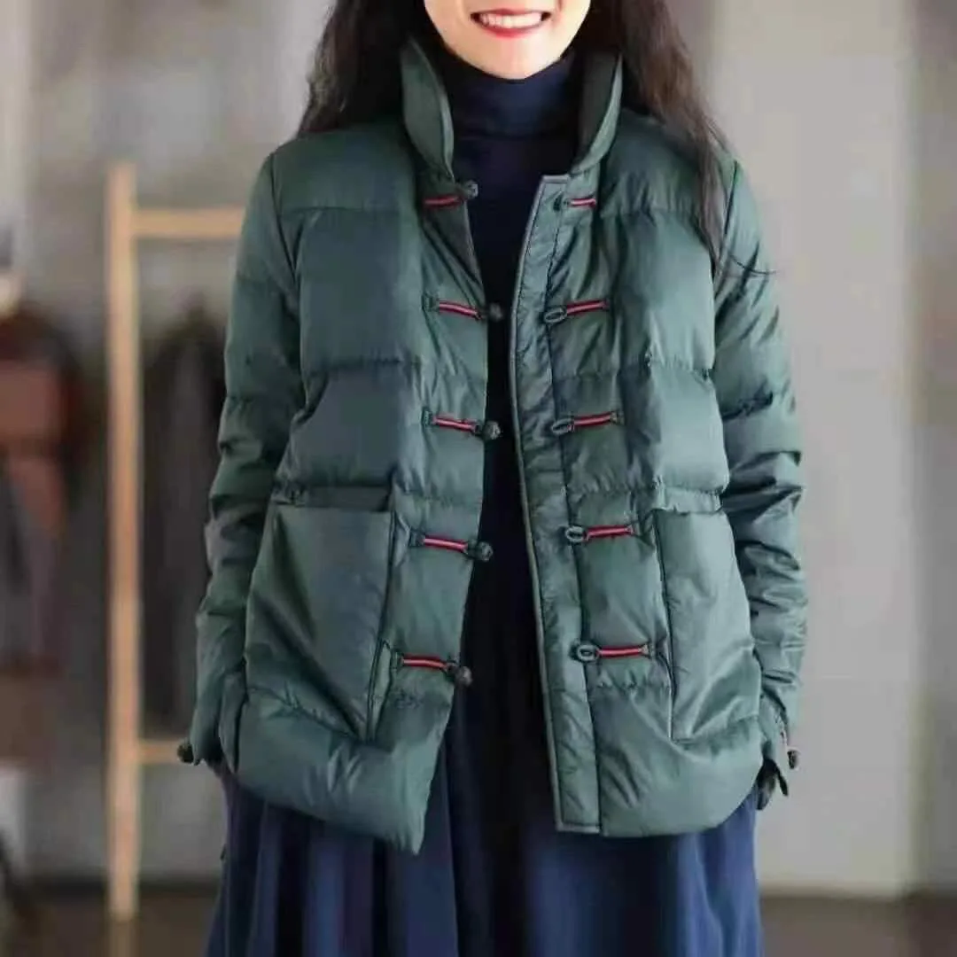 Retro Fashion Ethnic Style Down Jacket Women Vintage Buckle Winter Parkas Padded Jackets Warm Cotton Coat 2023 Puffer Jackets