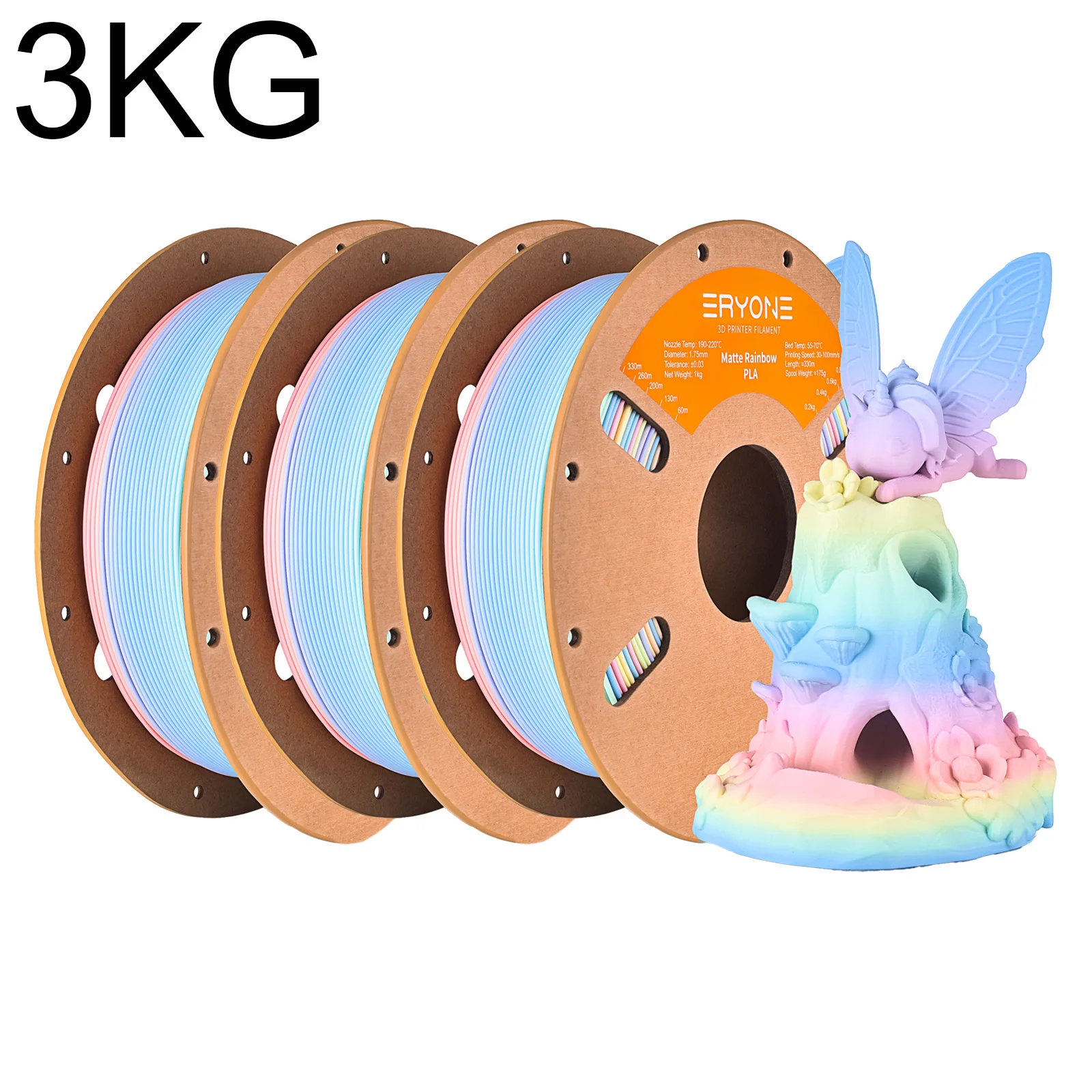 Фото Филамент для 3D-принтера ERYONE 3KG Matte Rainbow PLA 1.75 мм, премиум-класс, матовая градиентная многоцветная отделка, без бликов, рулон 1 кг, выгодный набор №1
