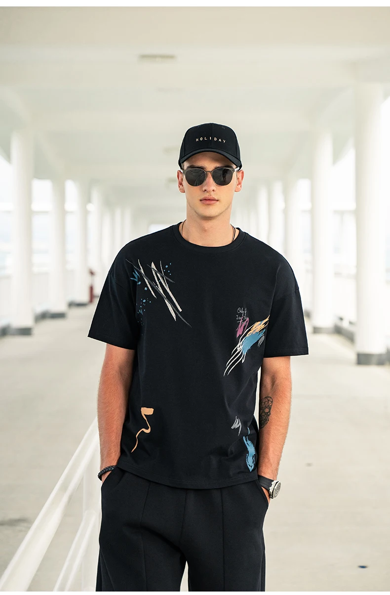

Y1102 2023 summer creative graffiti printing heavy cotton loose short-sleeved T-shirt men