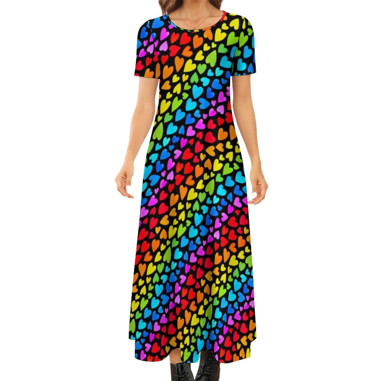 

Watercolor Heart Print Dress Rainbow Hearts Street Fashion Bohemia Long Dresses Female Elegant Maxi Dress Big Size 6XL 7XL