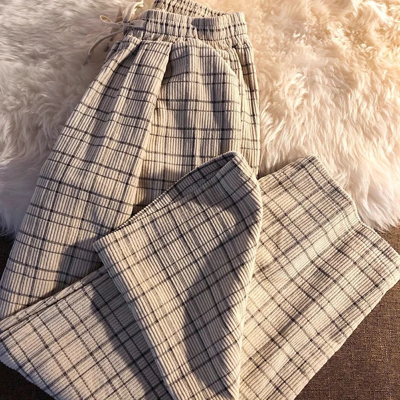 Vintage Plaid Women Pants Straight Trousers Casual High Waist Female Pants New