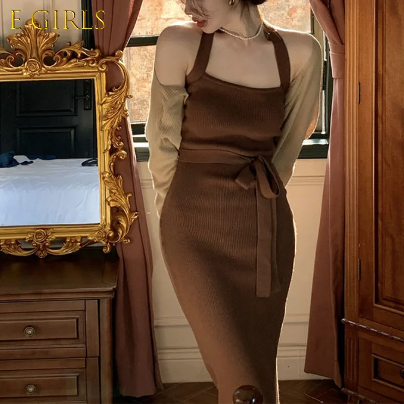 

E GIRLS Winter Sweater Dress Women Vintage Elegant Knitted Midi Dress Office Lady Korean Fashion 2 Piece Dress Set Cardigan