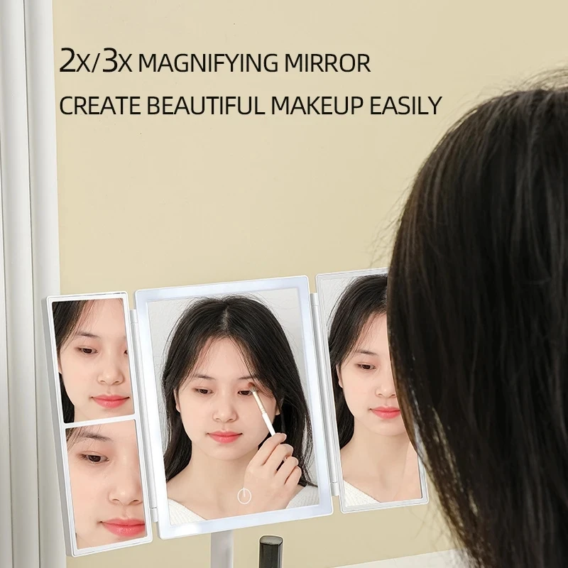 

2X/3X Magnifying Desktop Vanity Mirror Wireless Foldable Makeup Mirror LED Light 3 Tone Lights 360° Adjustable Rechargeable