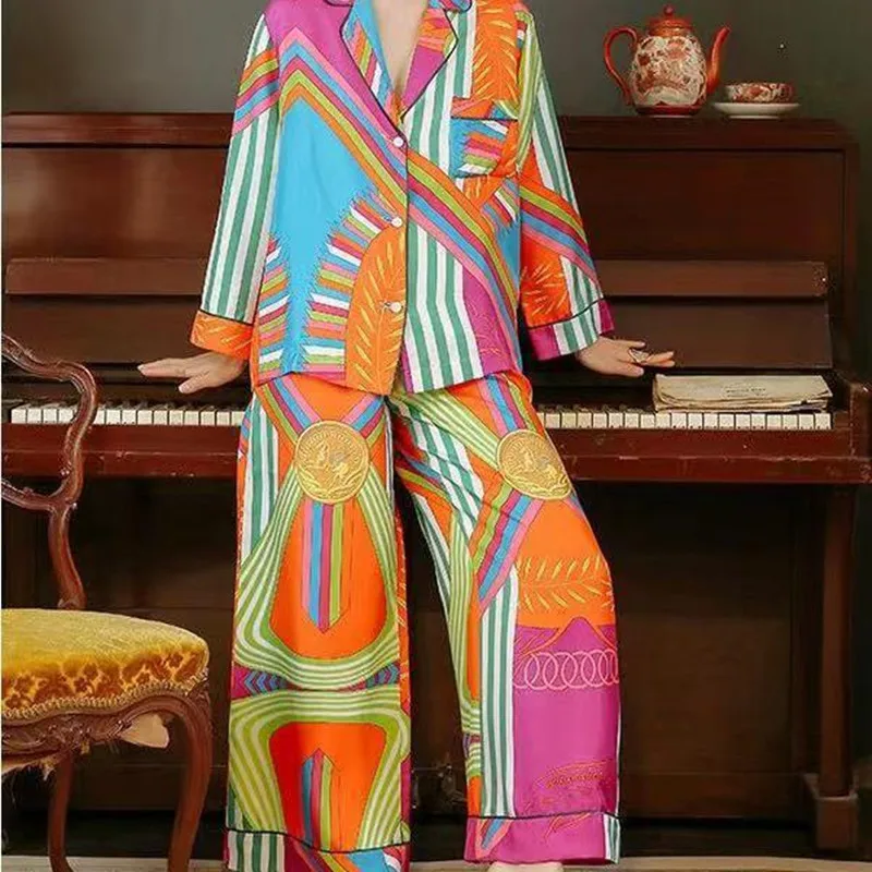 New Plant Print Satin Pajamas Set Women's Home Wear Long Sleeve Elastic Waist Temperament Sleepwear Two Piece Pajama Set