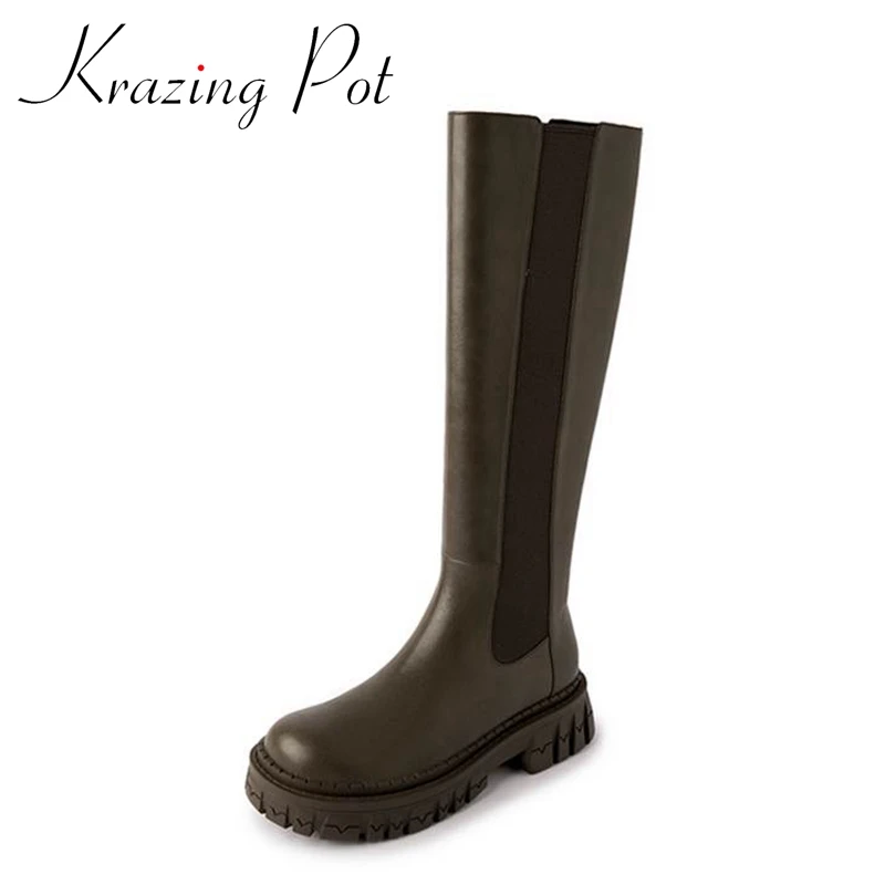 

Krazing Pot Cow Split Leather Round Toe Med Heels Riding Boots Mature Simple Style Stovepipe Platform Zipper Thigh High Boots