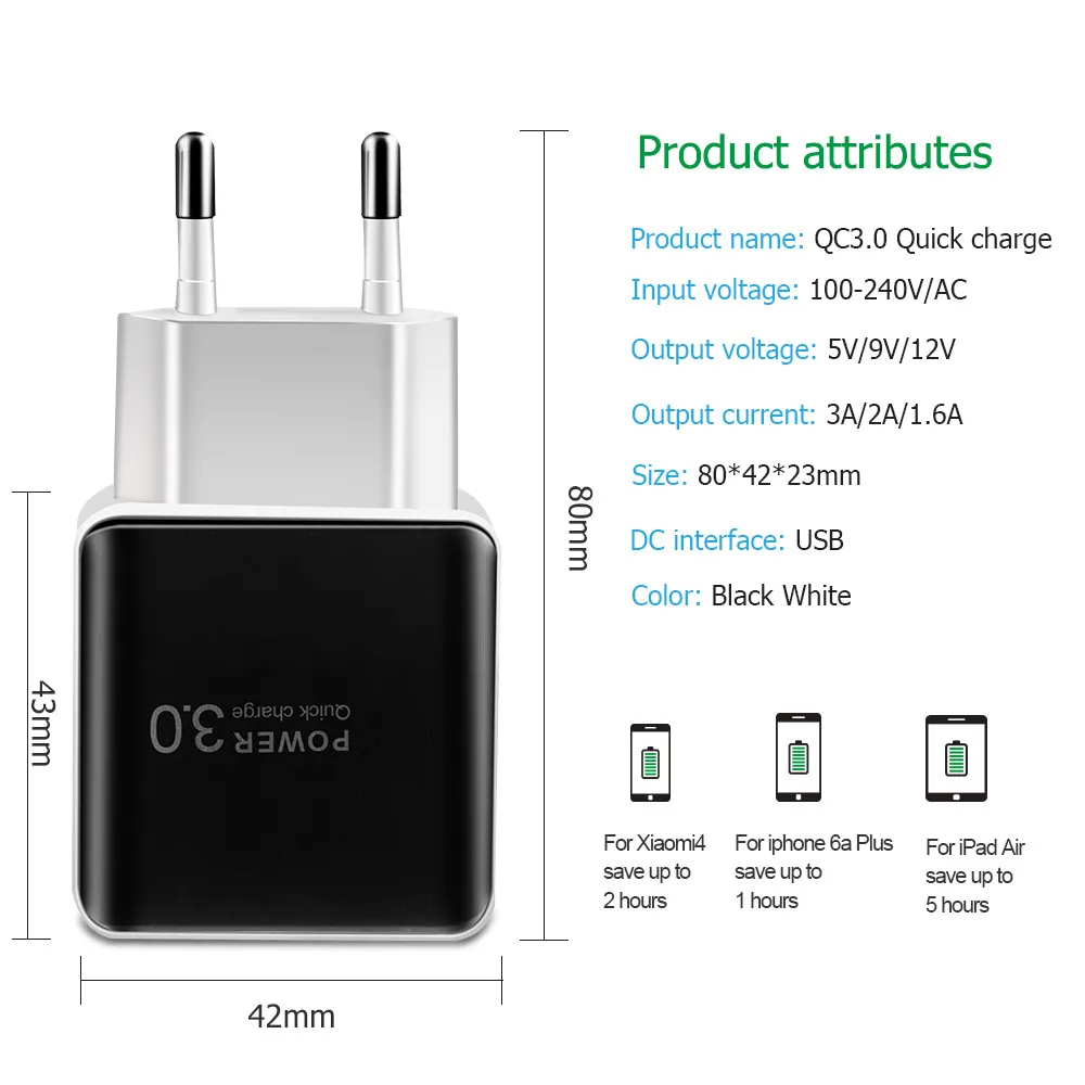 3A Real Fast Charger Fast Charging Quick Charge 3.0 Mobile Phones Cell Phone Wall Charger Adapter for iPhone Pro Xiaomi Huawei