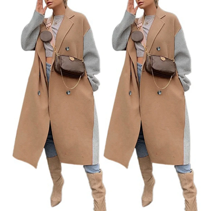 

Women's Fashion Casual Straight Lapel Contrast Color Temperament Coat Woolen Coat Camel