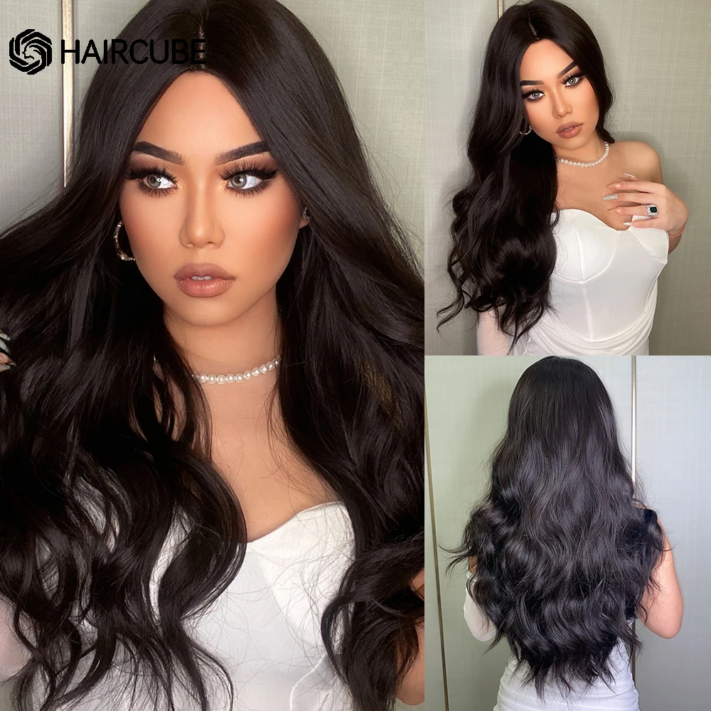

HAIRCUBE Long Wavy Black Synthetic Hair Wigs Middle Part Heat Resistant Fiber Wigs for Women Natural Looking Cosplay Daily Wigs