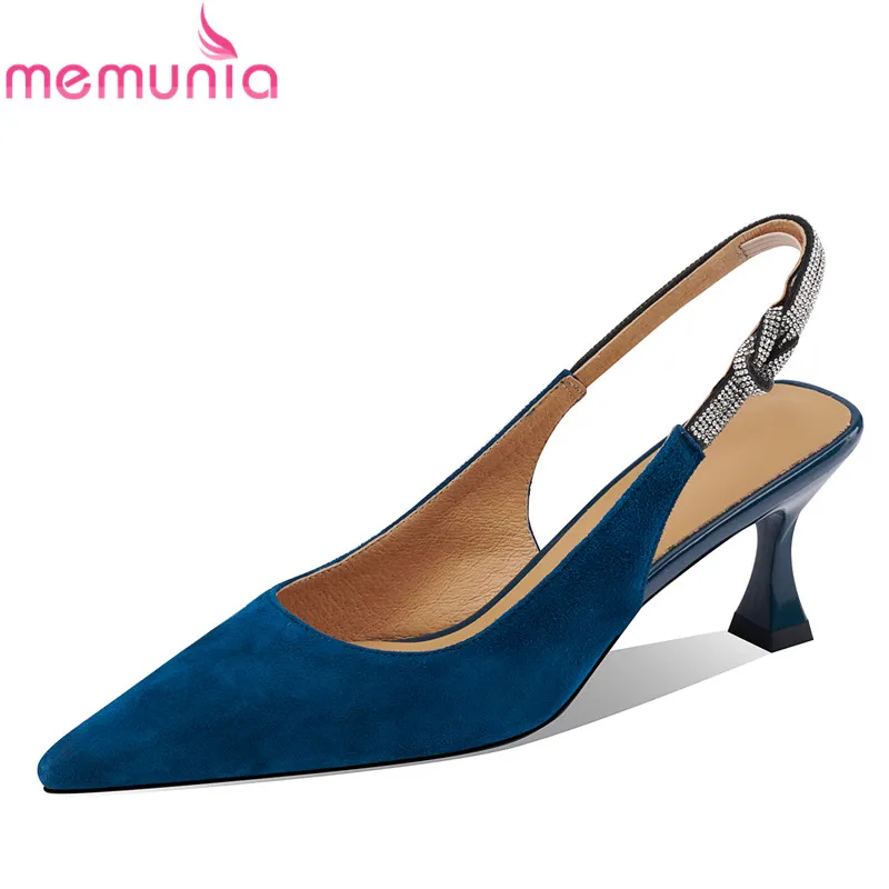 

MEMUNIA 2022 New Fashion Kid Suede Sandals Woman Pointed Toe Solid Thin High Heels Shoes Slip on Summer Ladies Dress Shoes