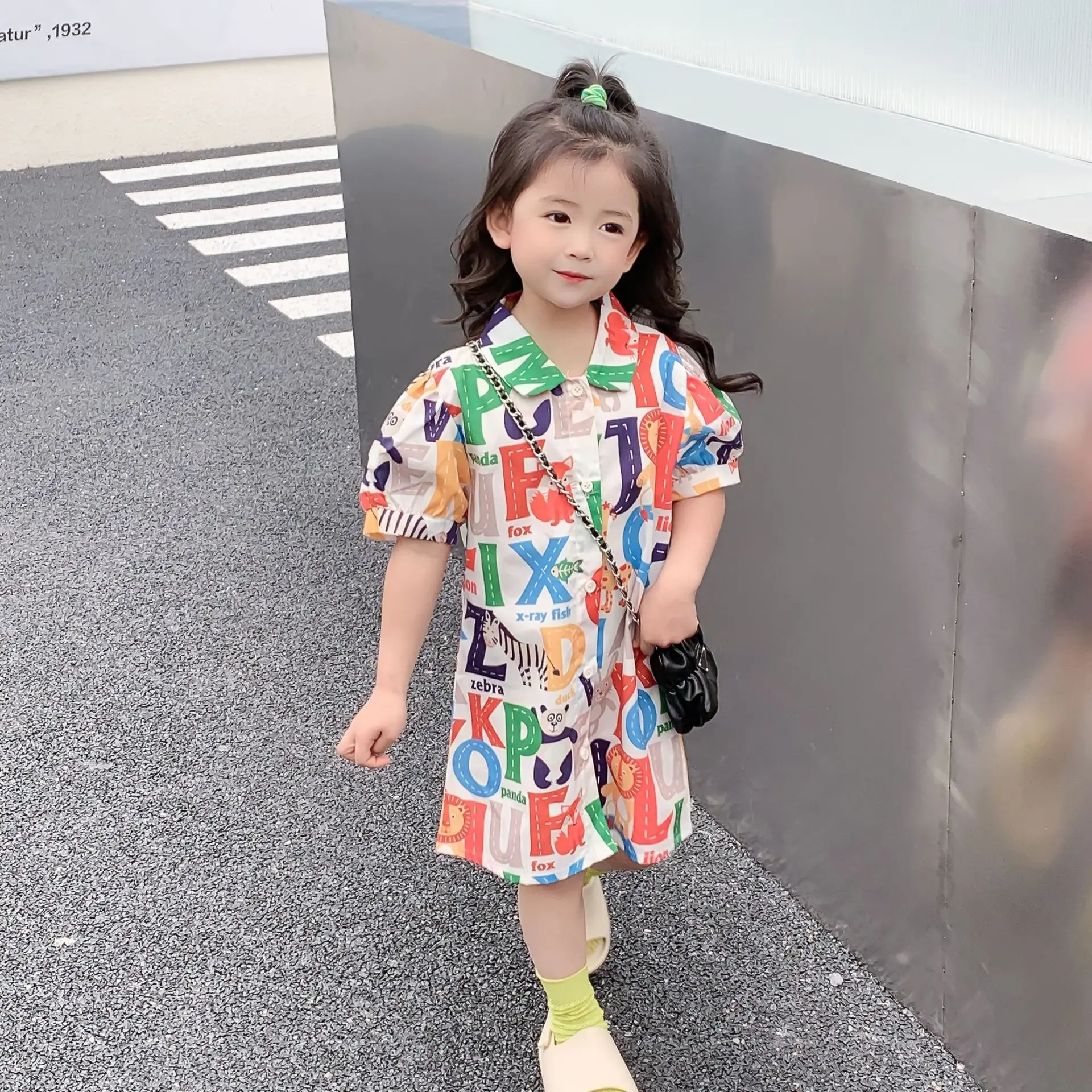 

Children's Clothes Letter Print Girl Dress 2022 Summer New Korean Girl Dress Letter Shirt Skirt Lapel Short Sleeve Dress