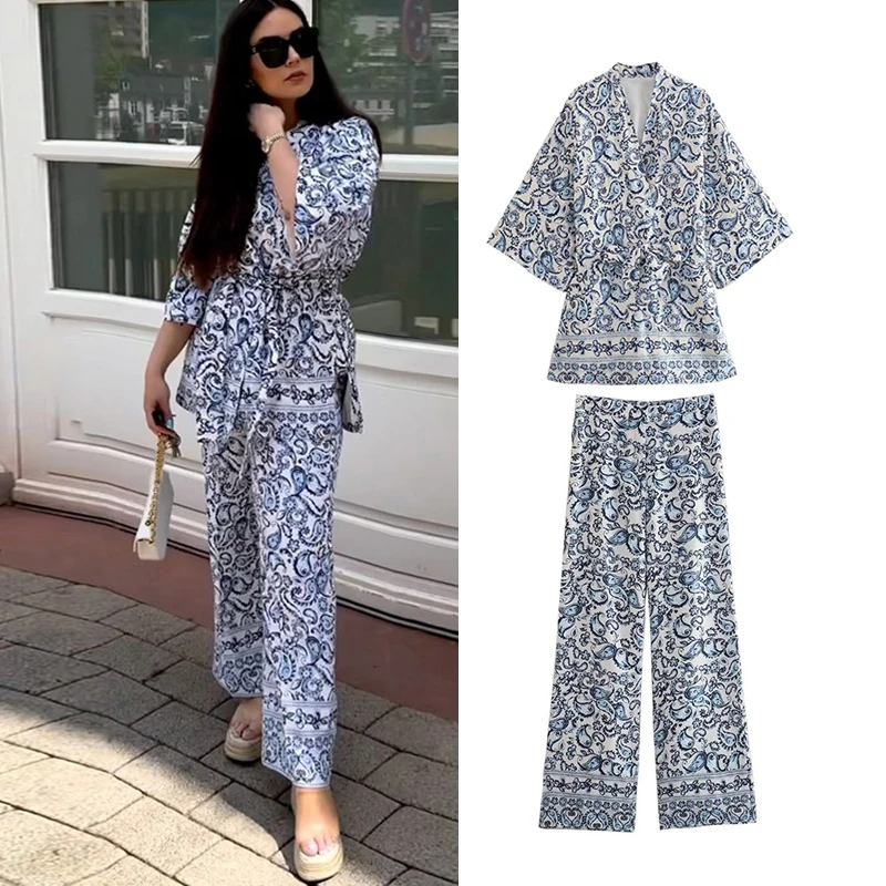 

Летний комплект из 2 предметов TRAF, женский брючный комплект, новинка 2023, шикарный женский модный костюм с принтом, свободные элегантные улич...