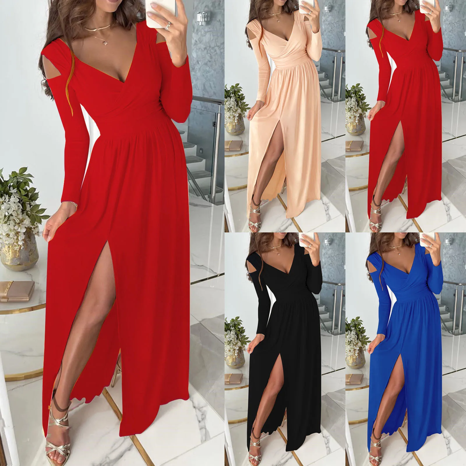 

Women Sexy Solid V Neck Long Sleeves Evening Party Long High Slit Dress Casual Striped Dresses for Women