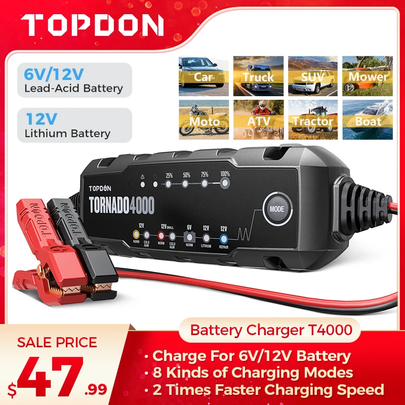 

TOPDON Battery Charger 12/24V Car Auto Power Repair For Car/Moto/Tractor/SUV/Boat/Truck/ATV/Mower Lead Acid Li Battery T4000