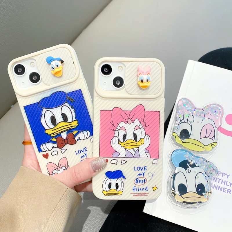 

Disney 3D Donald Duck Daisy Bling Liquid Quicksand Stand Holder Phone Case For iPhone 13 12 11 Pro Max X XR XS Max 7 8 Plus SE