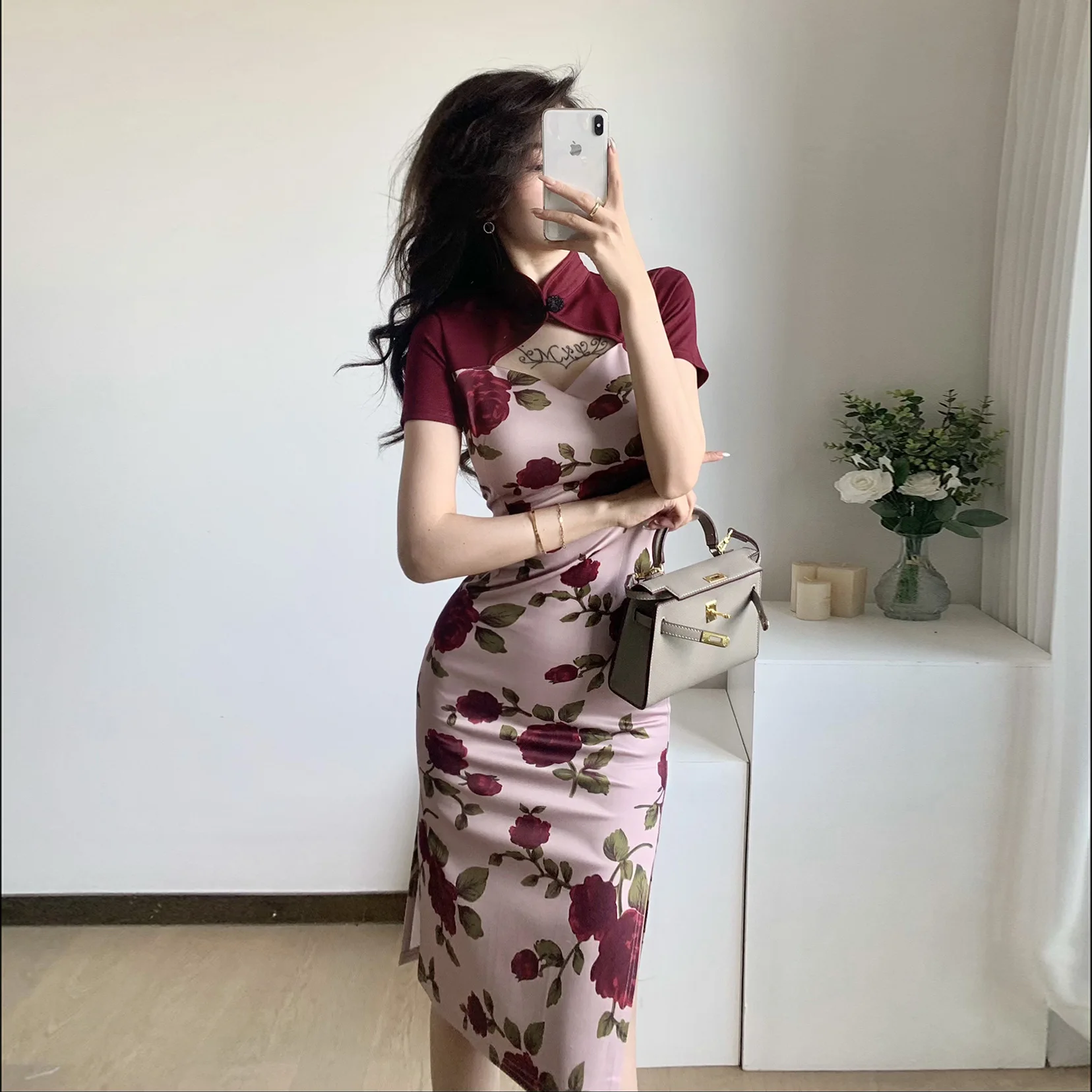 

Cheongsam Women Printed Flowers Short Sleeve Qipao Retro Elegant Slim Fit Hip Skirt Mandarin Collar Clothing Sexy Tight