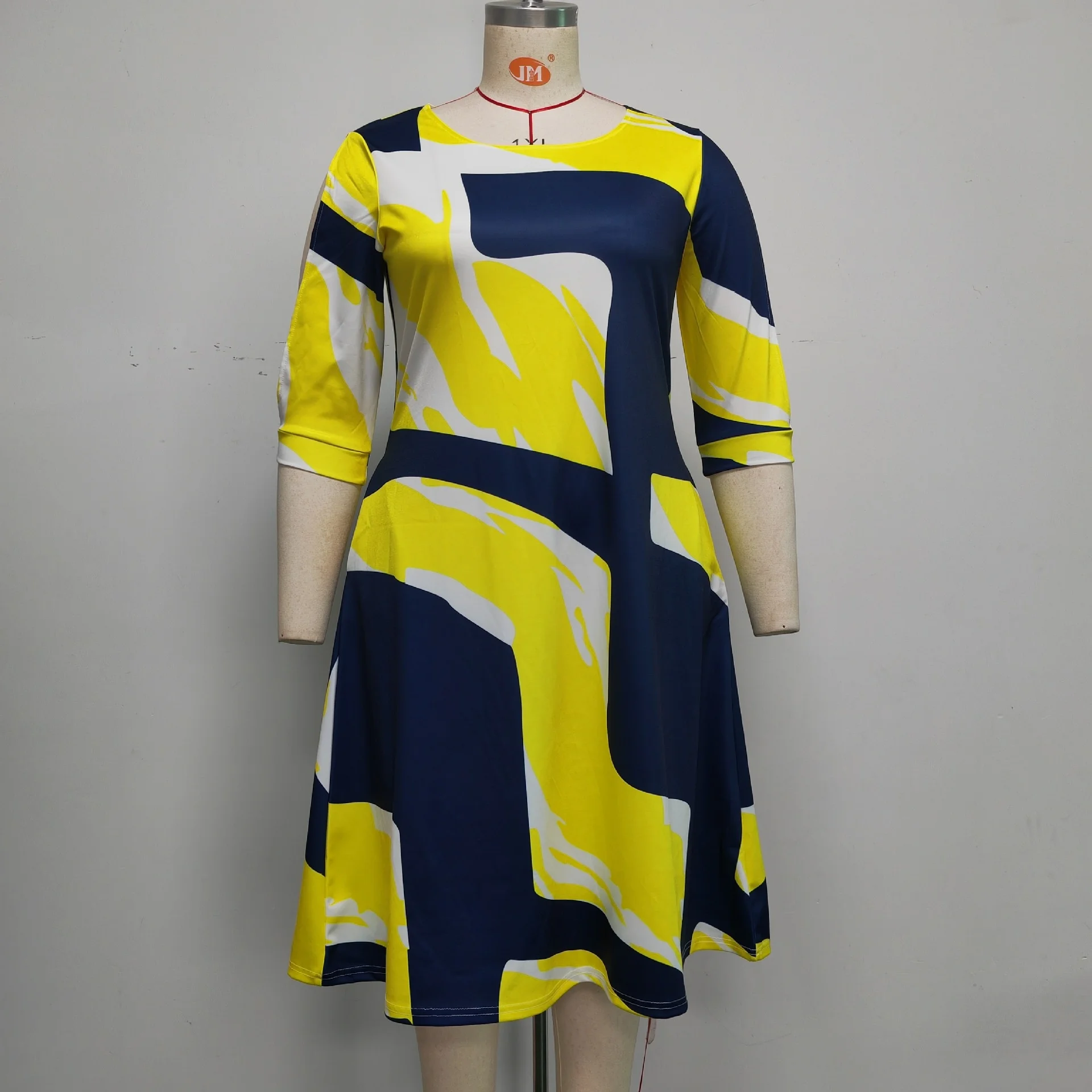 Plus Size Women Clothing Large Women's New Round Neck 3/4 Sleeve Pocket Dress Fashion Print Loose Casual Women's Dresses