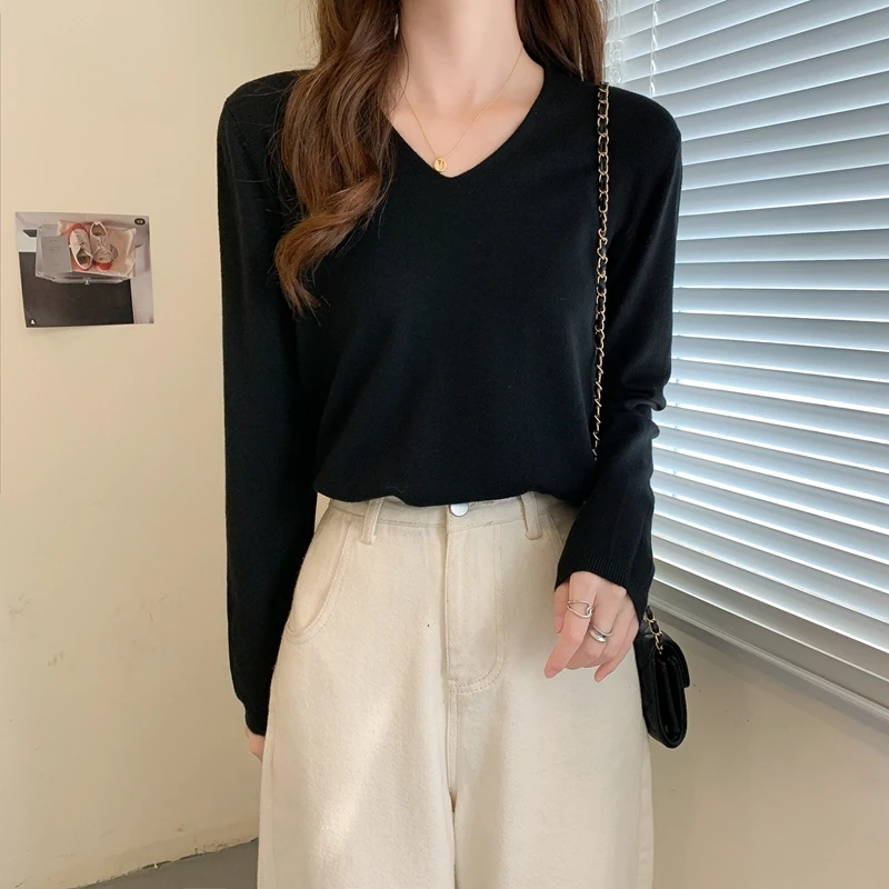 

ITOOLIN Women Basic Solid Long Sleeve T Shirt 2022 Spring Autumn Korean V-Neck Casual TShirt Harajuku Soft Cotton Tops Female