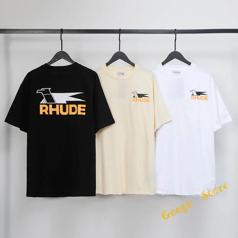 

23SS Casual Oversized Men Women Couple Rhude T Shirt Apricot Black White Swallow Print Rhude Tee Top Inside Tags
