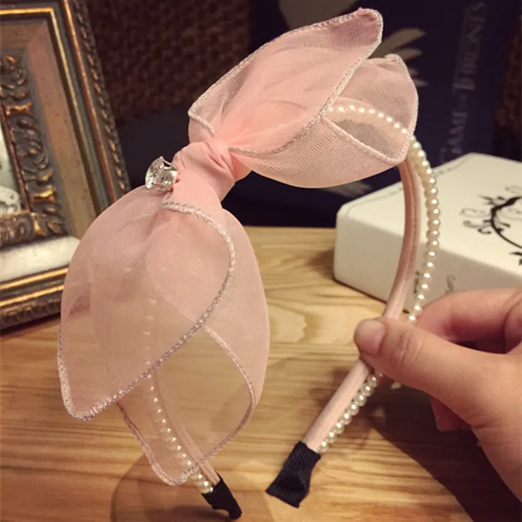 2 Pieces/set Lovely Lace Gauze Rabbit Ear Bowknot Pearl Headband For Women Wash Face Hairband Girls Party Hair Accessories images - 6