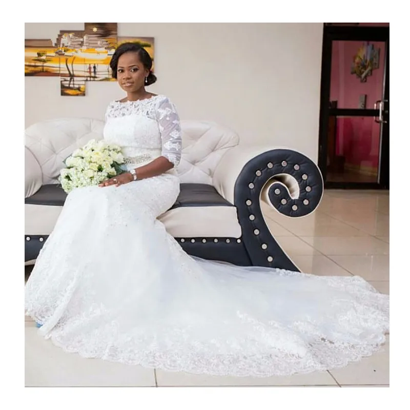 

Custom New Design Plus Size Sequin Beaded Three Quarter Sleeve Mermaid Wedding Dress Boat Neck 2022