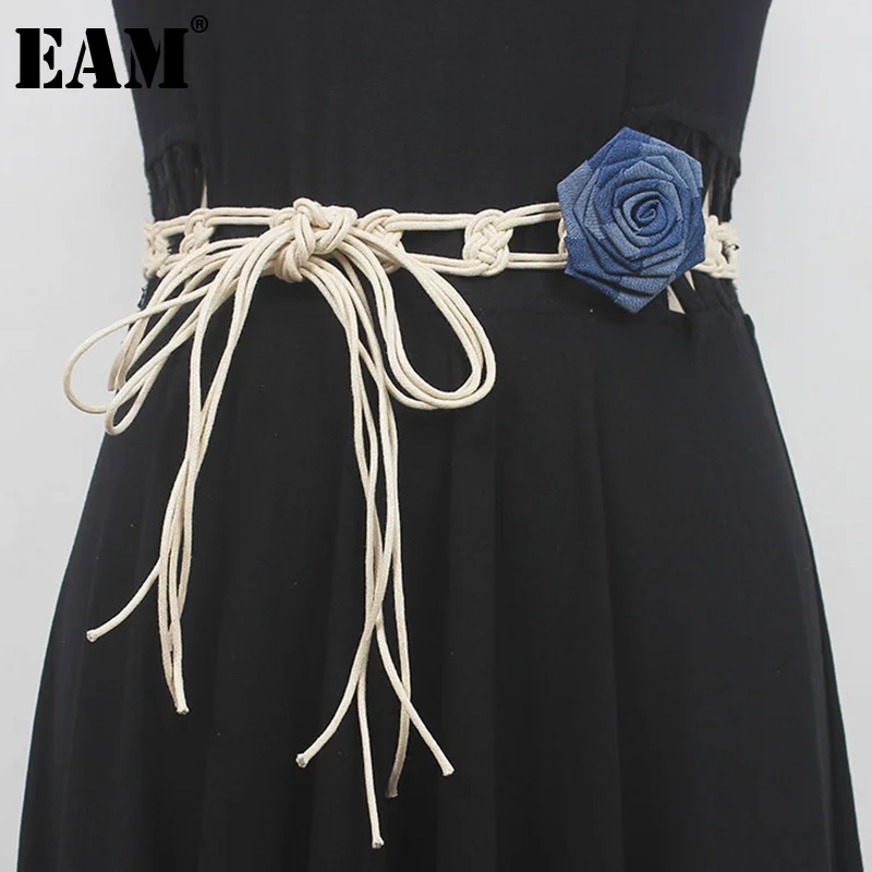 

[EAM] Apricot Blue Flower Knit Bandage Casual Belt Personality Women New Fashion Tide All-match Spring Autumn 2023 1DF9903