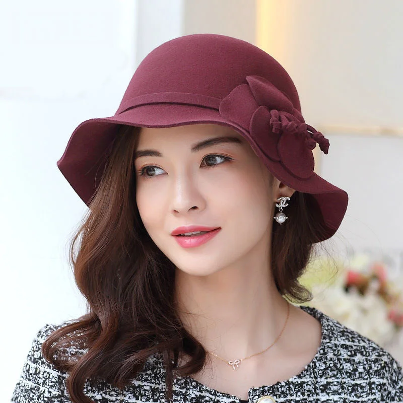 

2022 Flower Felt Fedora For Female Party 100% Wool Bucket Hat Woman Winter Elegant Woolen Bucket Hats 55-58cm