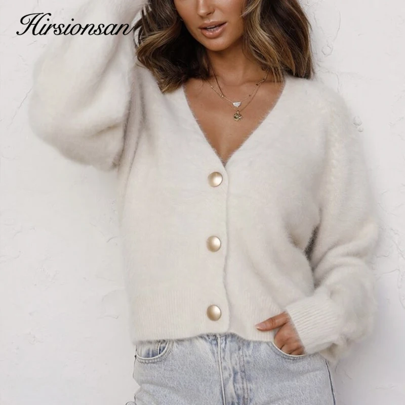 

Hirsionsan Elegant Long Sleeve Mohair Sweater Women 2020 New Single-Breasted Female Short Cardigan Soft Flexible Knitted Outwear