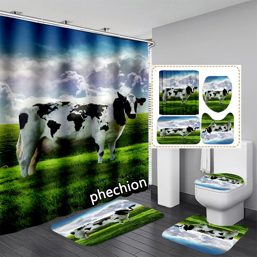 

phechion Cartoon Animal Cow 3D Print Waterproof Bathroom Shower Curtain Toilet Cover Mat Non-Slip Floor Mat (1/3/4Pcs) W82