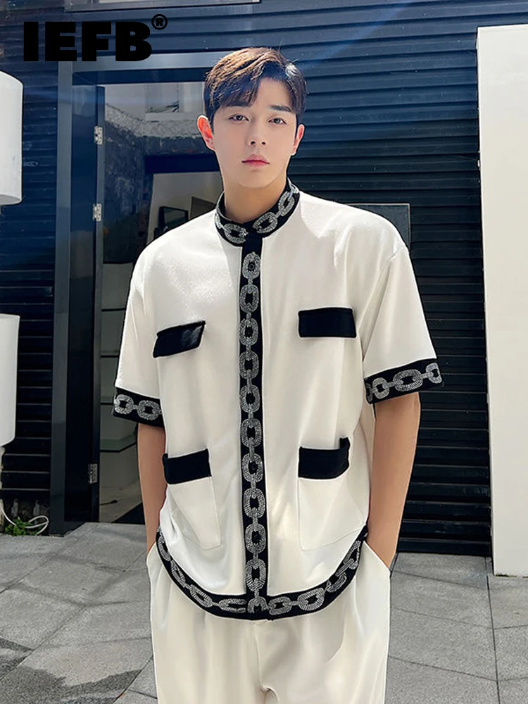 Мужская трикотажная рубашка IEFB с коротким рукавом и цепочкой в Корейском стиле