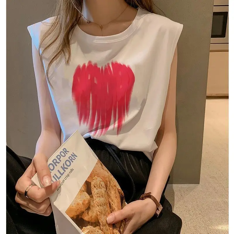 

Casual Printing Loose Sleeveless T Shirt Tops Summer New Round Neck Solid Plus Size Pullovers Fashion Simplicity Women Clothing