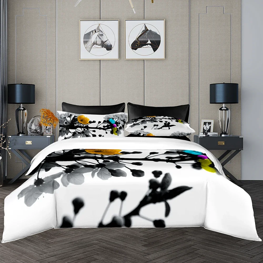 Ink Painting Pattern Duvet Cover Set 220x240 Elegant Soft Quilt 220x260 With Pillowcase White Flat Sheet Bedding