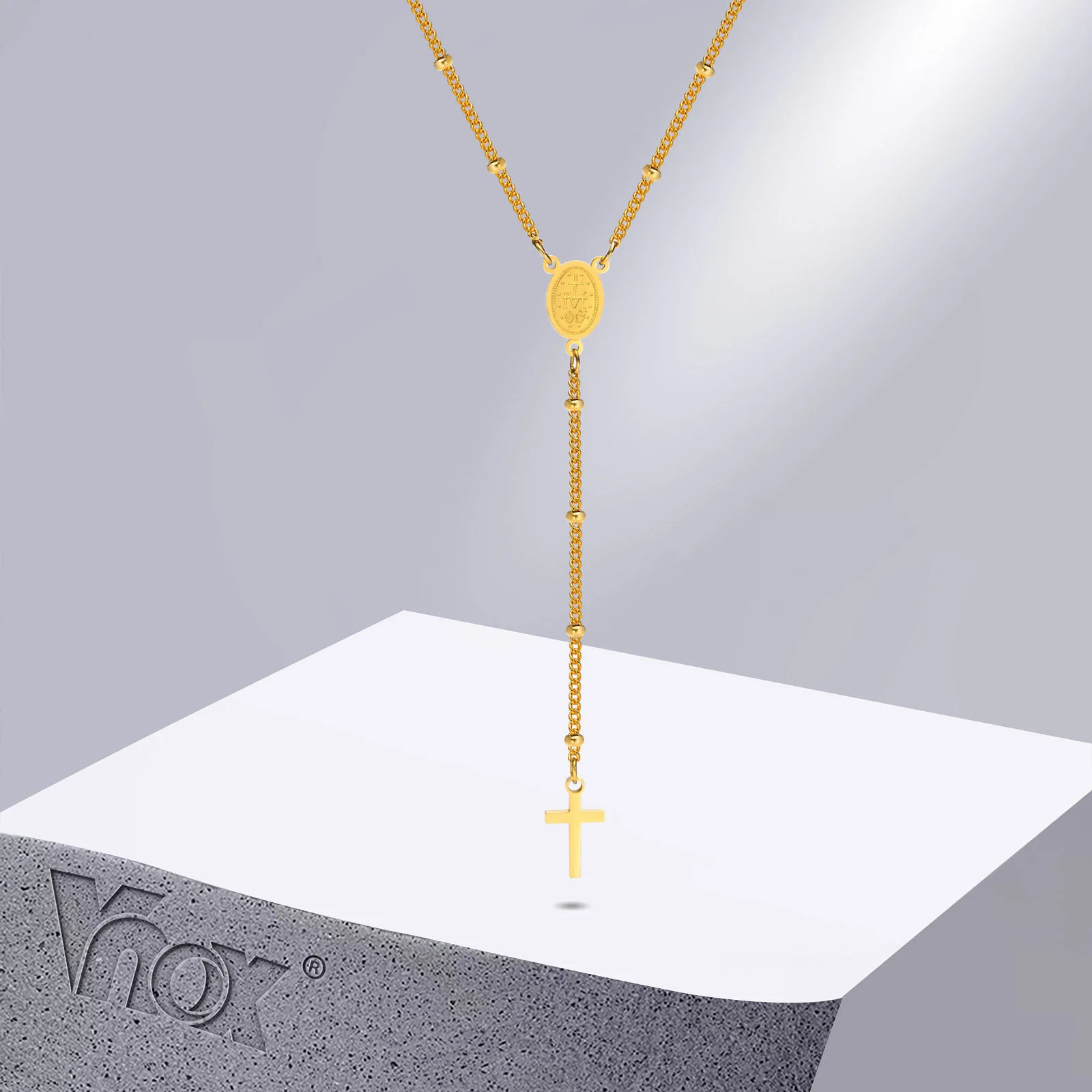 Vnox Gold Color Cross Rosary Beads Necklaces for Women, Stainless Steel Virgin Mary Medallion Satellite Chain Collar Gifts