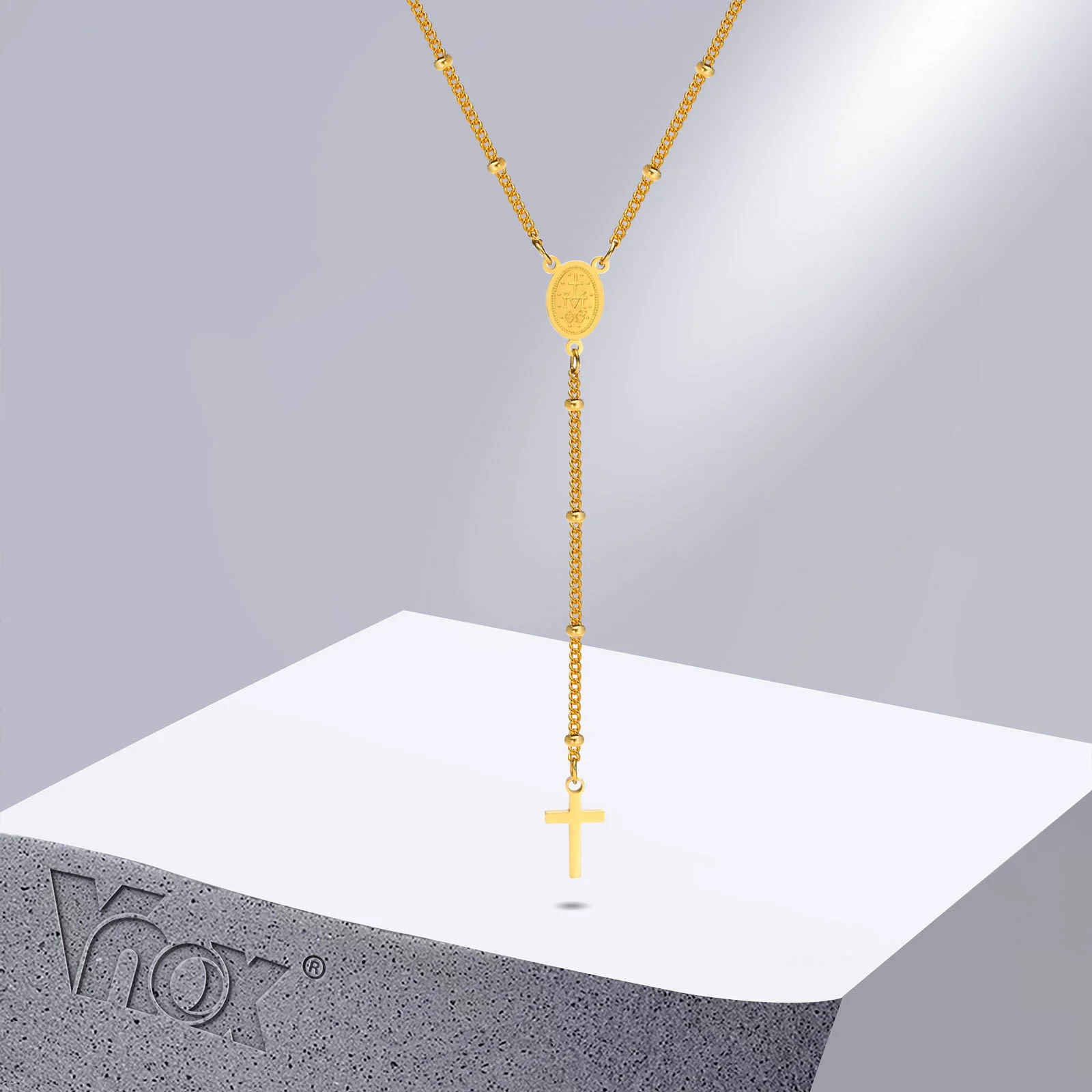 

Vnox Gold Color Cross Rosary Beads Necklaces for Women, Stainless Steel Virgin Mary Medallion Satellite Chain Collar Gifts
