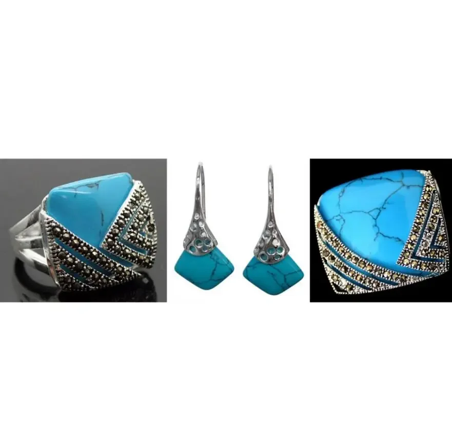 Винтажное кольцо из стерлингового серебра 925 пробы с синим нефритом и марказитом