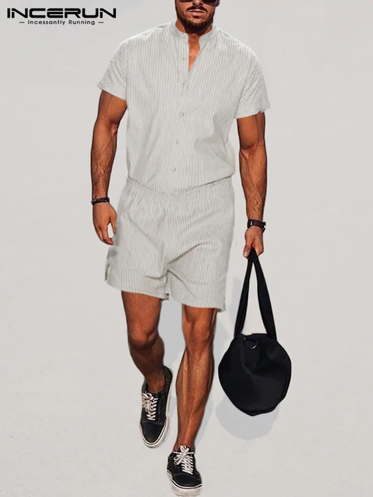 

INCERUN 2022 Men Striped Sets Stand Collar Short Sleeve Button Shirt & Shorts 2PCS Streetwear Fashion Men Casual Suits S-5XL
