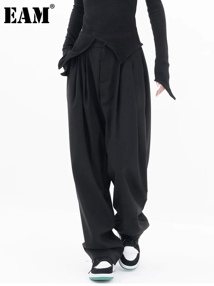 

[EAM] High Waist Black Brief Pleated Long Wide Leg Pants New Loose Fit Trousers Women Fashion Tide Spring Autumn 2023 1DF4293