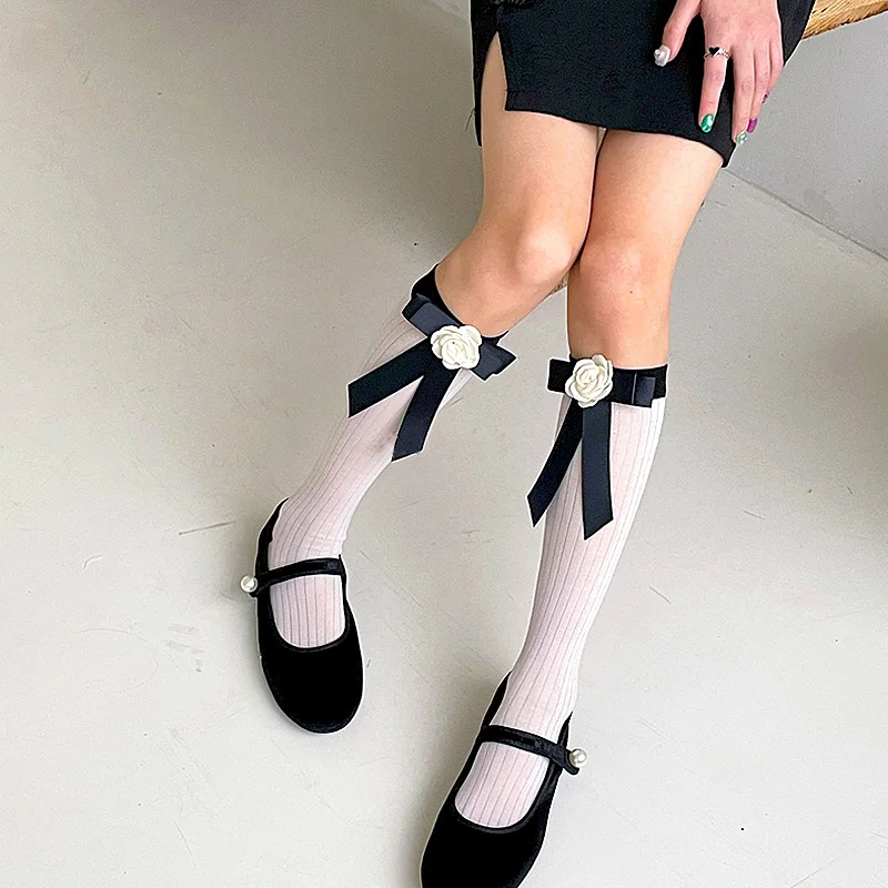 

Носки Lolita JK с бантом средней длины, летние тонкие белые носки с 3d-рисунком камелии и цветочным рисунком, дизайнерские носки Y2K