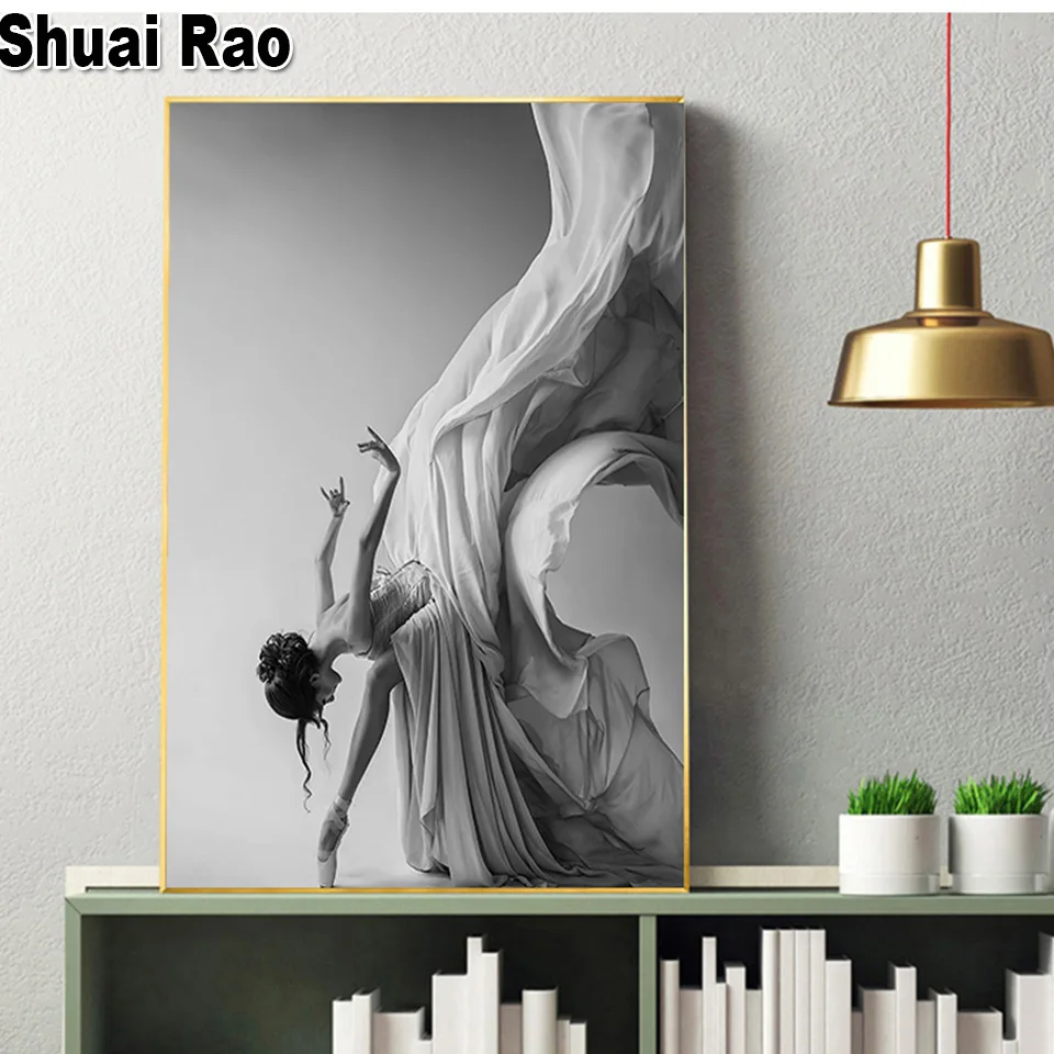 

Modern Ballet Dancing Girl Diamond Painting Mosaic Figure Art Wall Black White Pictures for Living Room Aisle Creative Decor