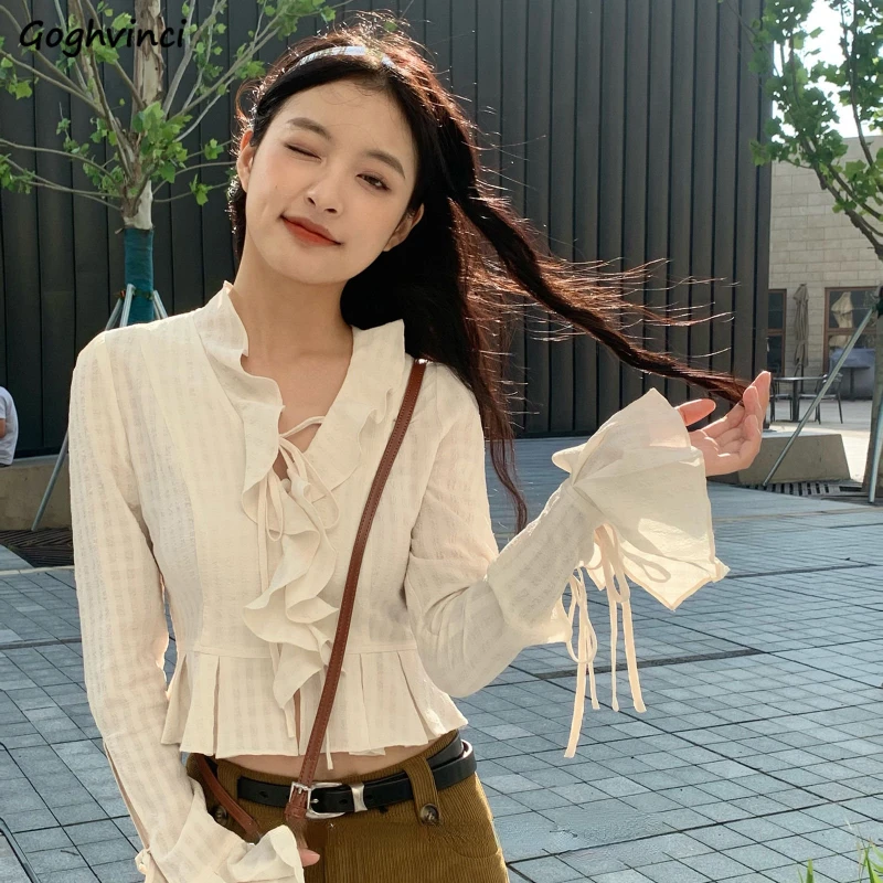 

Укороченные топы с оборками, рубашки для женщин, элегантные приталенные пикантные Нежные милые стильные женские клетчатые универсальные д...